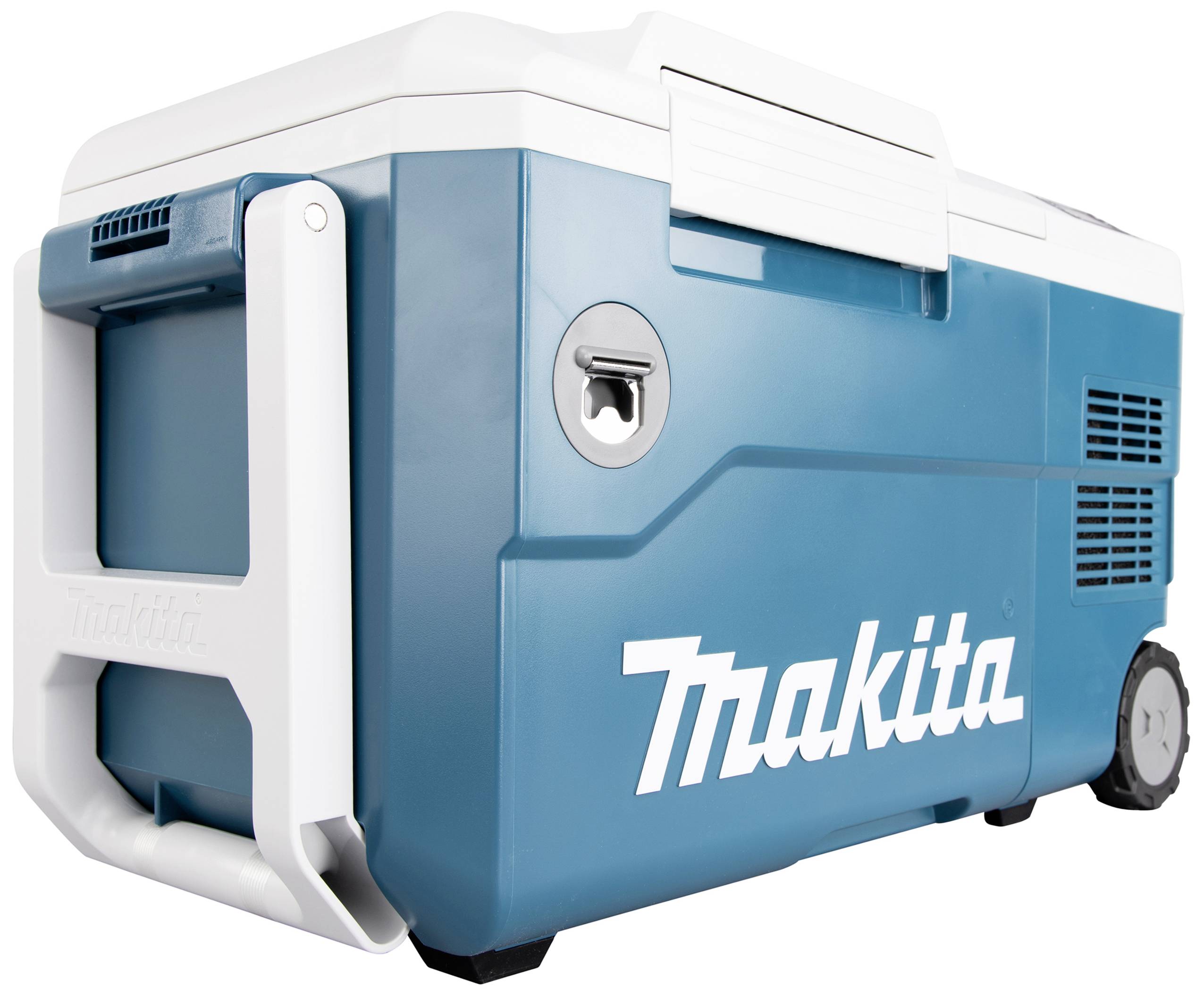 Blauwe Makita-koelbox op wielen met witte handgreep en logo; draagbaar en robuust ontwerp voor gebruik buitenshuis.