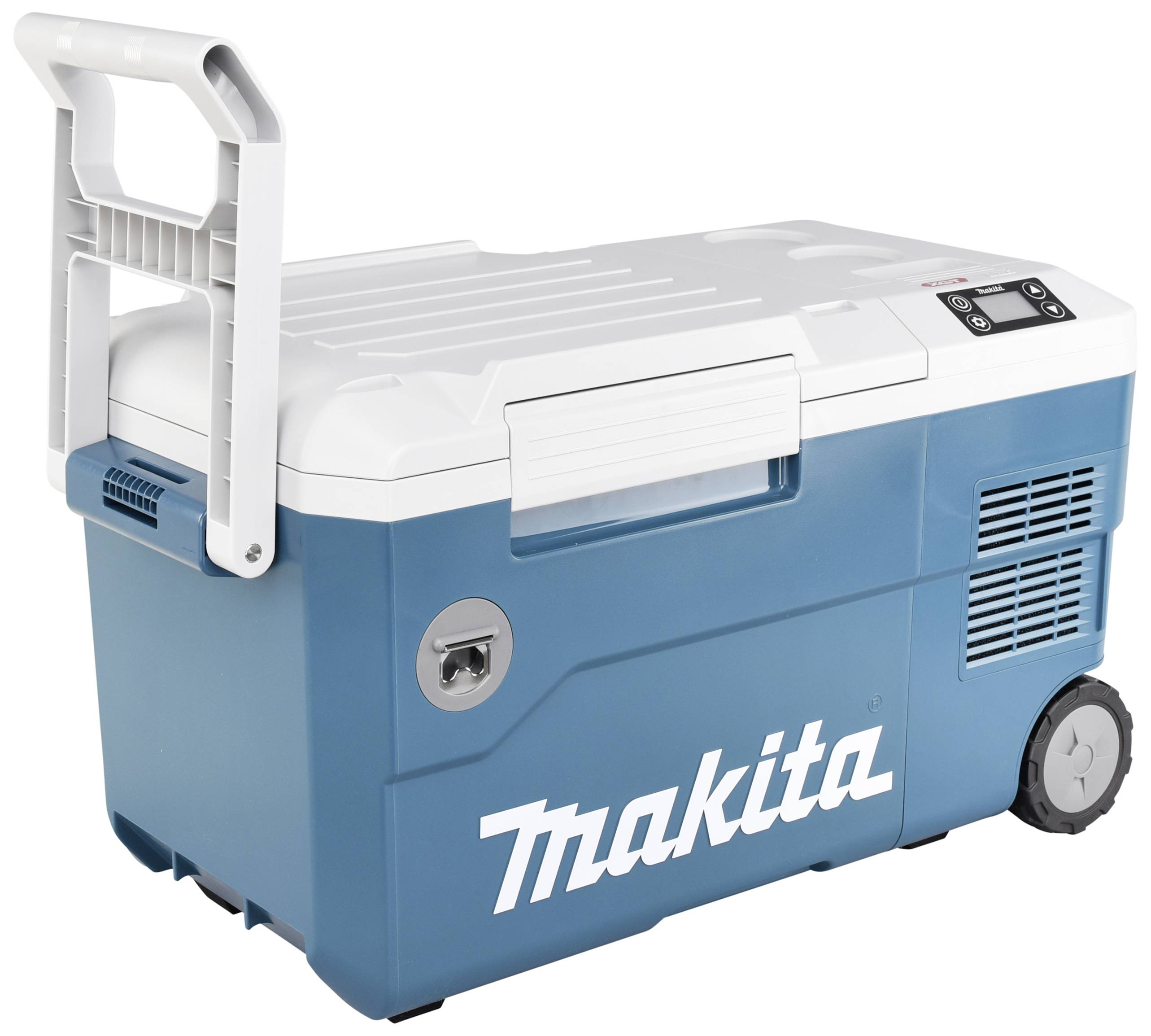 Mobiele, blauwe Makita-koelbox op wielen met uittrekbare handgreep, geschikt voor draagbare koeling tijdens buitenactiviteiten.