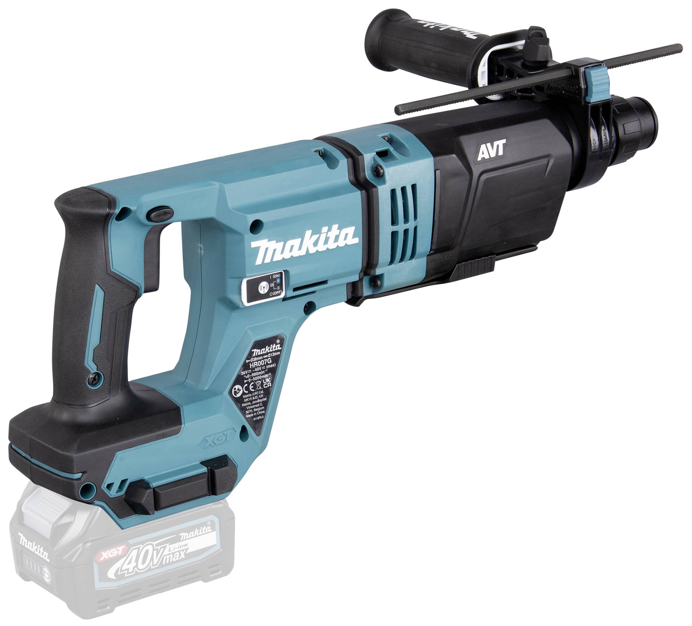 Draadloze boorhamer met accu 'Makita 40V Max'. Ergonomische handgreep, zwart-turquoise ontwerp. Ideaal voor bouw- en renovatiewerkzaamheden.