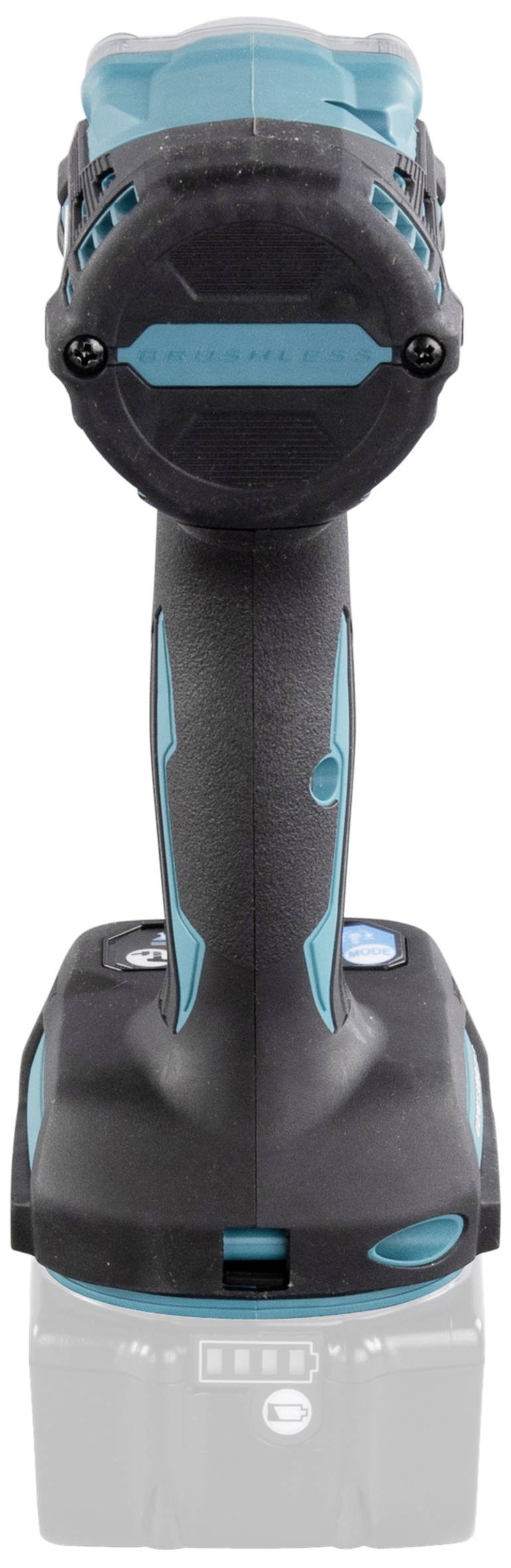 Accuschroefmachine van achteren, zwart en blauw design, zonder geplaatste accu.