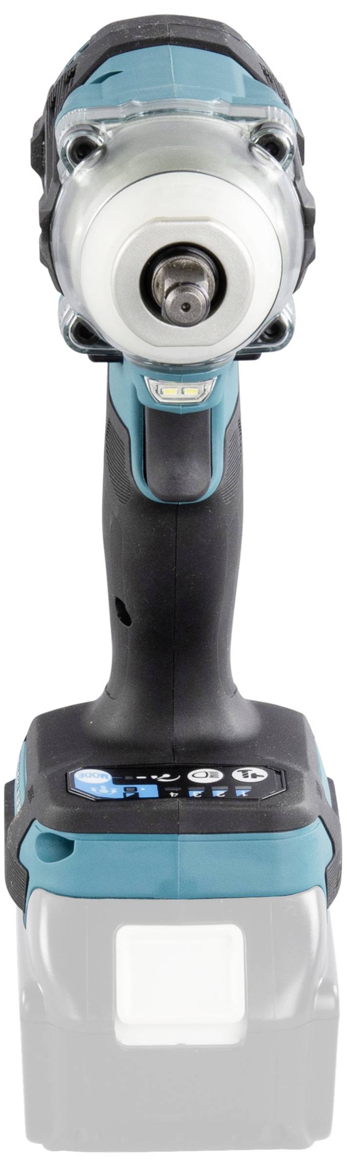 Accuslagschroevendraaier in vooraanzicht, behuizing in zwart-turquoise, zonder geplaatste accu, geschikt voor schroef- en montagewerken.