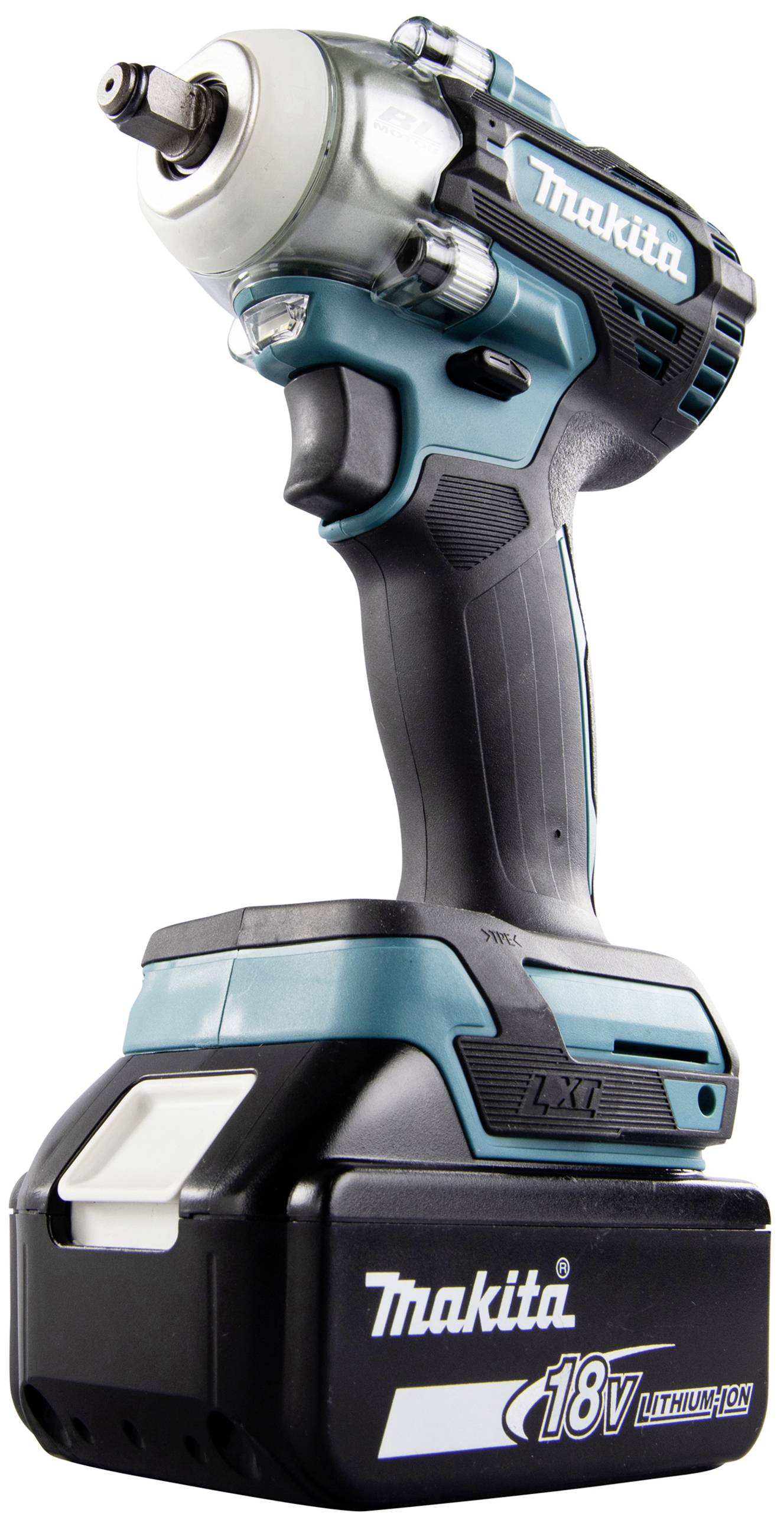 Een blauw-zwarte Makita accuslagschroevendraaier met 18V lithium-ion accu, geschikt voor bouw- en montagewerken.