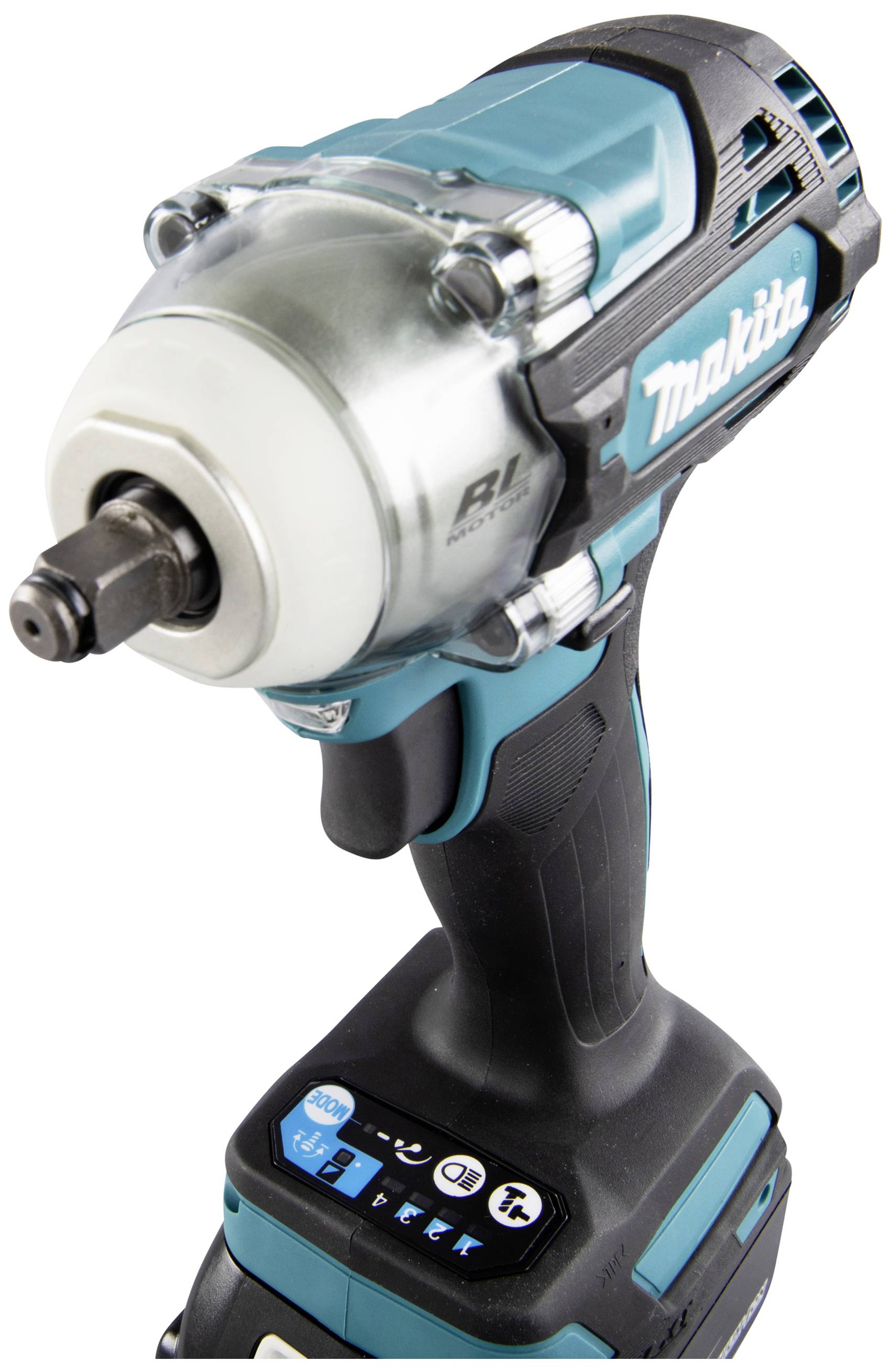 Een accuboormachine in blauw-zwart van Makita, waarvan de schroefkop en het merkenlogo aan de zijkant zichtbaar zijn aan de voorkant.