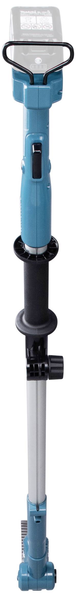 Elektrisch blauw tuingereedschap met twee telescopische stangen en een handgreep bovenaan. Het lijkt een draagbaar, verstelbaar apparaat te zijn.