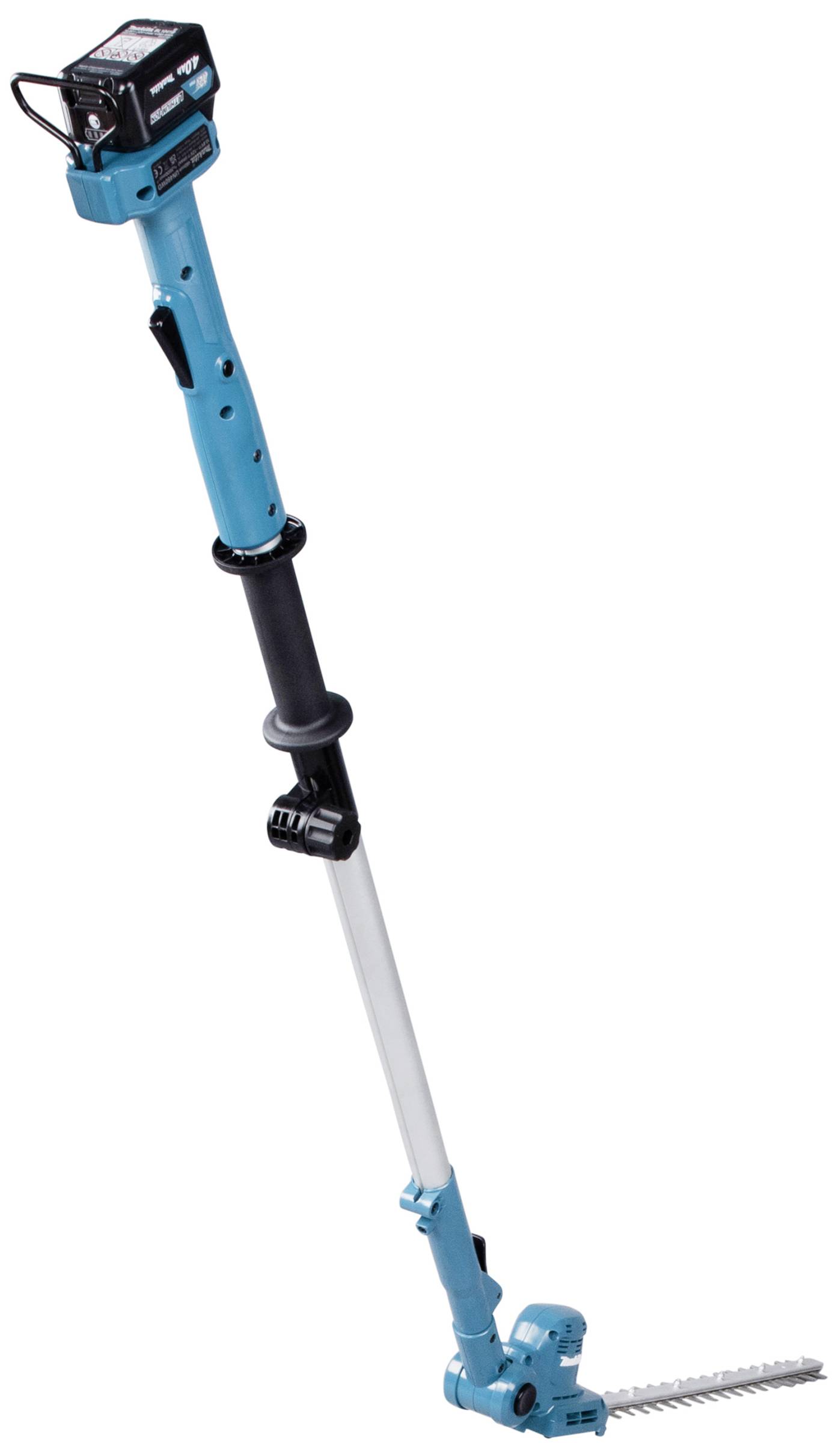 Telescopische heggenschaar in blauw met zwarte handgreep, geschikt voor het snoeien van hoge hagen zonder ladder.