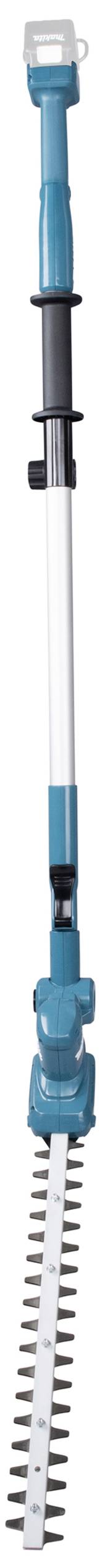 Elektrische heggenschaar met uittrekbare telescoopsteel, blauw en wit, geschikt voor het knippen van hoge hagen.