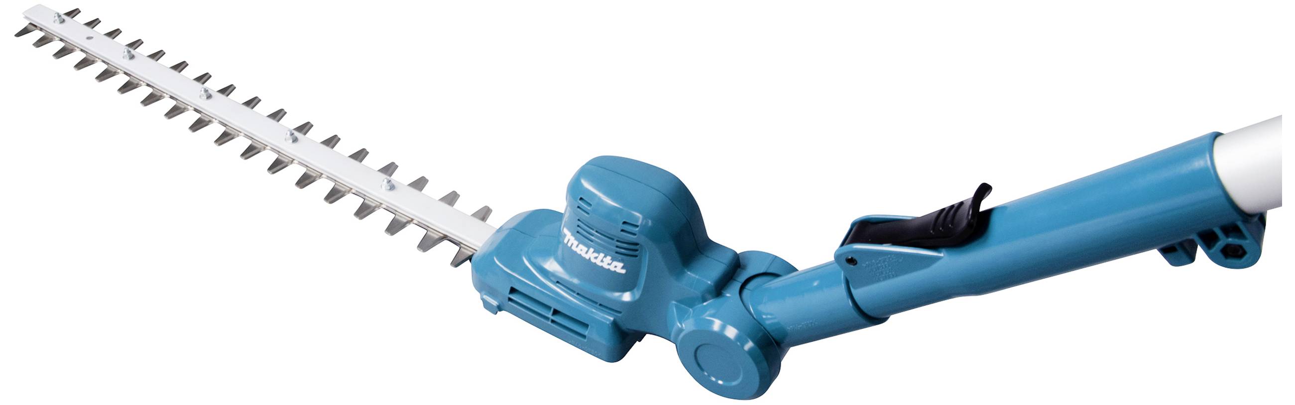 Elektrische heggenschaar met telescopische steel, geschikt voor het snoeien van hoge hagen.