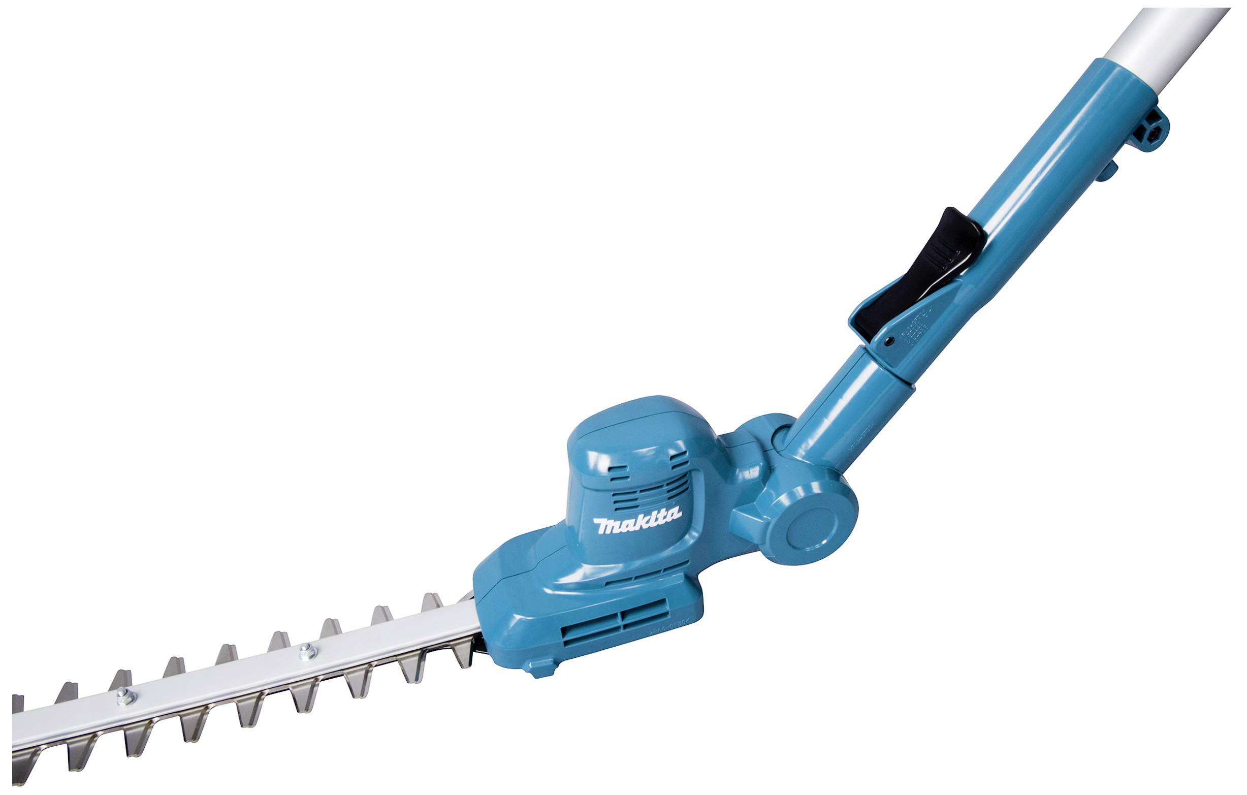 Een blauwe elektrische heggenschaar met een lange steel en scherpe messen. Vervaardigd voor het precies knippen van struiken.