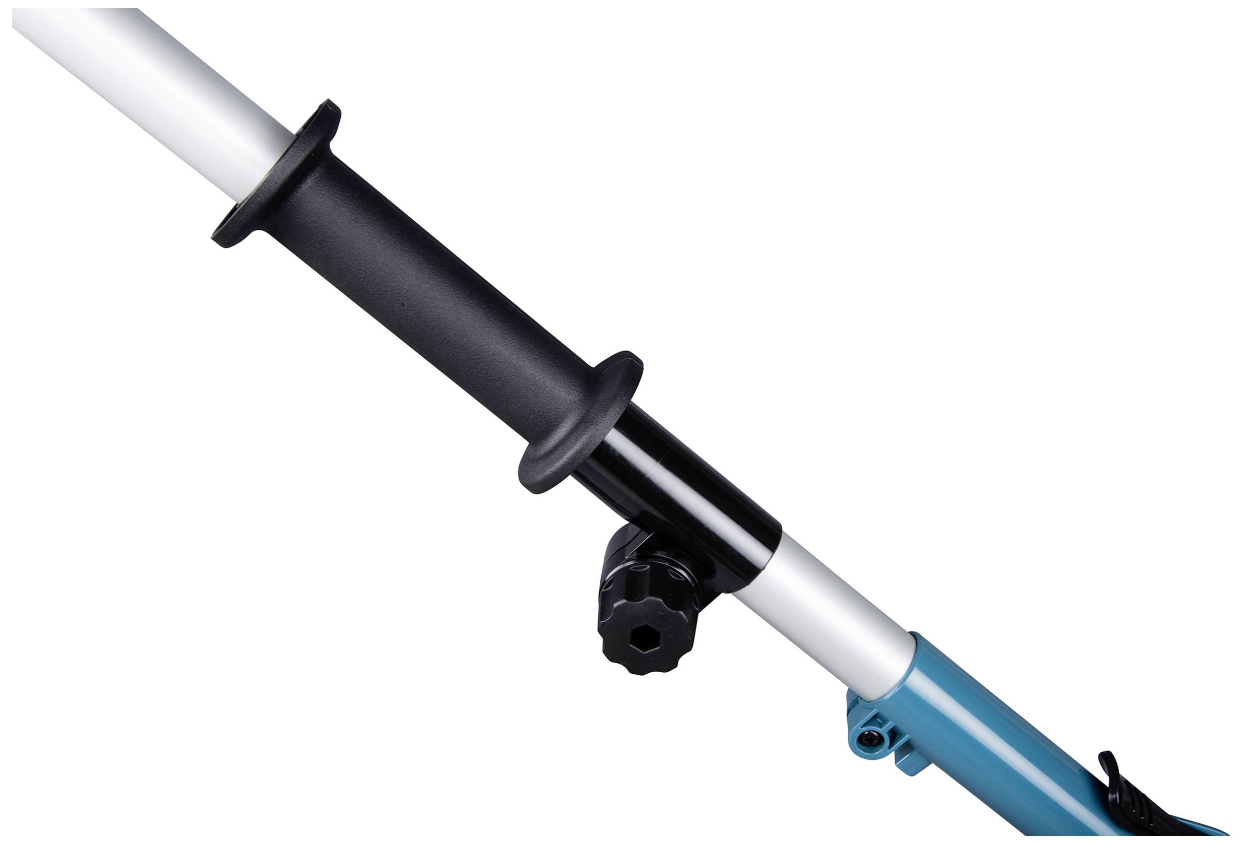 Deel van een blauw telescoopstatief met zwarte handgreep en draaiknop voor hoogteregeling.