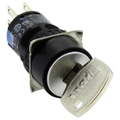 Een grote metalen cilindersleutelschakelaar met twee standen, geschikt voor het bedienen van elektrische apparaten.