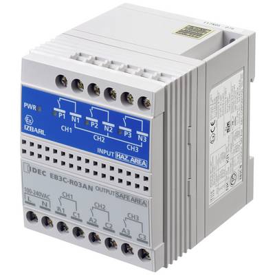 Elektronisch apparaat met meerdere aansluitklemmen en labels: 'INPUT HAZ. AREA,' 'OUTPUT SAFE AREA.' Toont technische details.