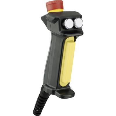 Zwarte stuurgreep met twee zilveren toetsen en een grote gele knop, rode schakelaar bovenaan. Wordt gebruikt voor het bedienen van de machine.