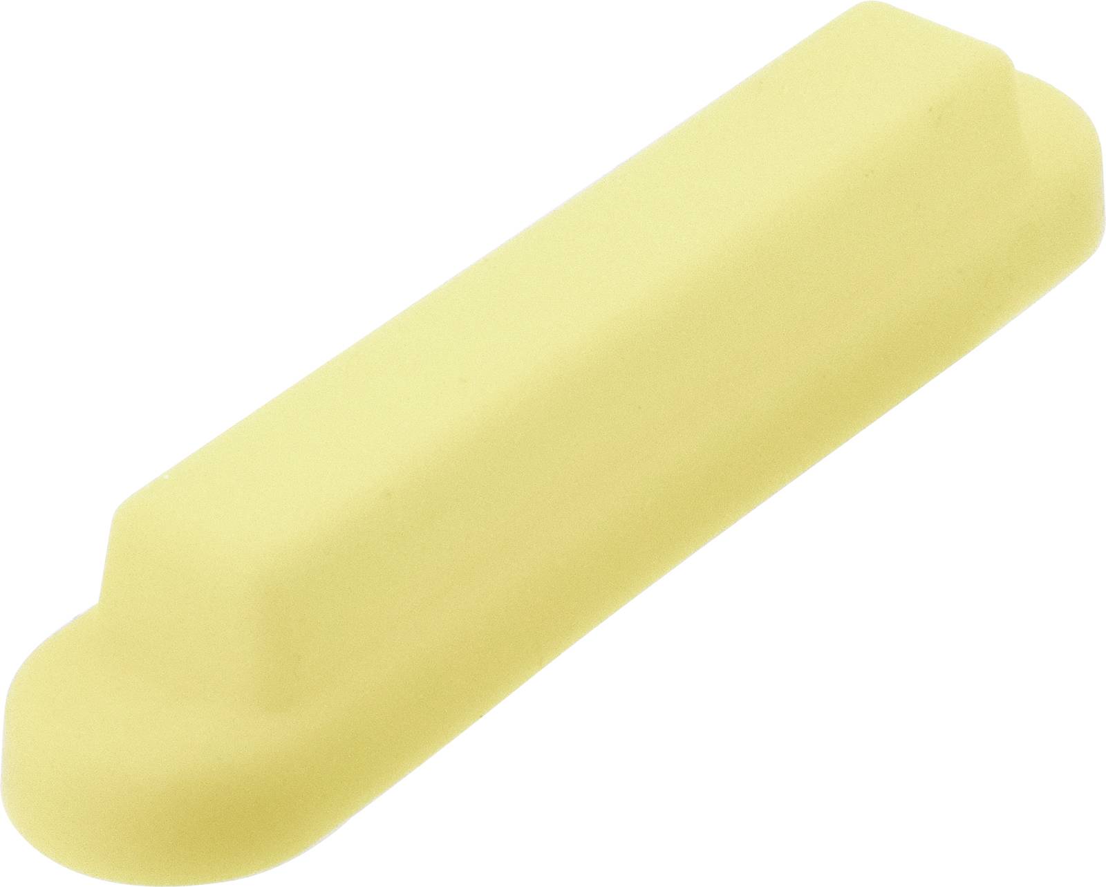 Een rechthoekige, gele gum.