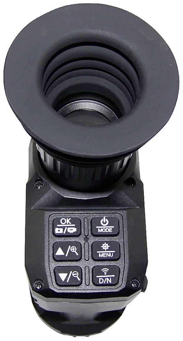 Nachtzichtapparaat met rubberen oogschelp en bedieningsknoppen: OK, Modus, Menu, Helderheid, Dag/Nacht. Compacte, ergonomische constructie.