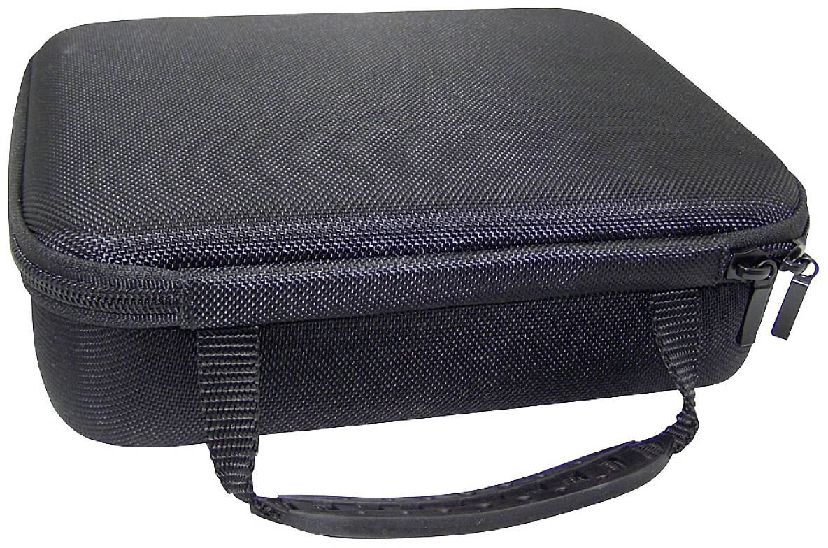 Zwarte rechthoekige tas met rits en handgreep, vermoedelijk bedoeld voor het transport of de opslag van voorwerpen.