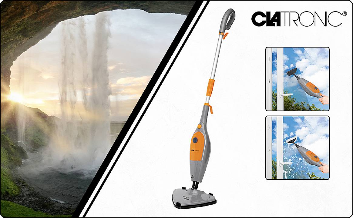 'Clatronic' Stoomreiniger, gepromoot met beelden van een waterval en reinigingsprestaties. Productpositionering gericht op reinheid en efficiëntie.