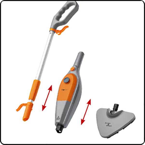 Een stoomreiniger bestaande uit een handgreep, een middendeel met een oranje knop en een driehoekig opzetstuk voor het reinigen van vloeren.