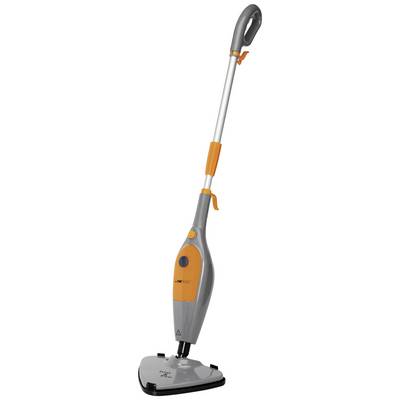 Een grijze en oranje stoomreiniger met een lange steel en een driehoekige reinigingskop, geschikt voor vloerreiniging.