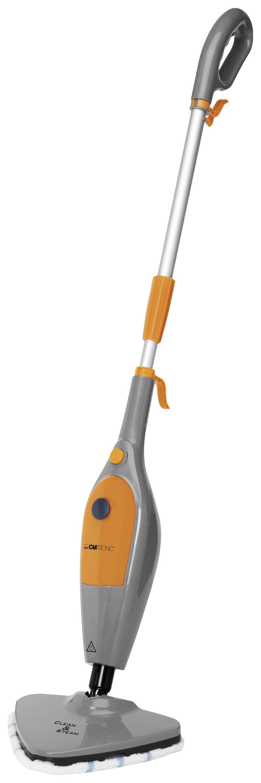 Stoomreiniger met een grijze en oranje oppervlakte, een lange steel en een driehoekige reinigingskop, staand op een witte achtergrond.