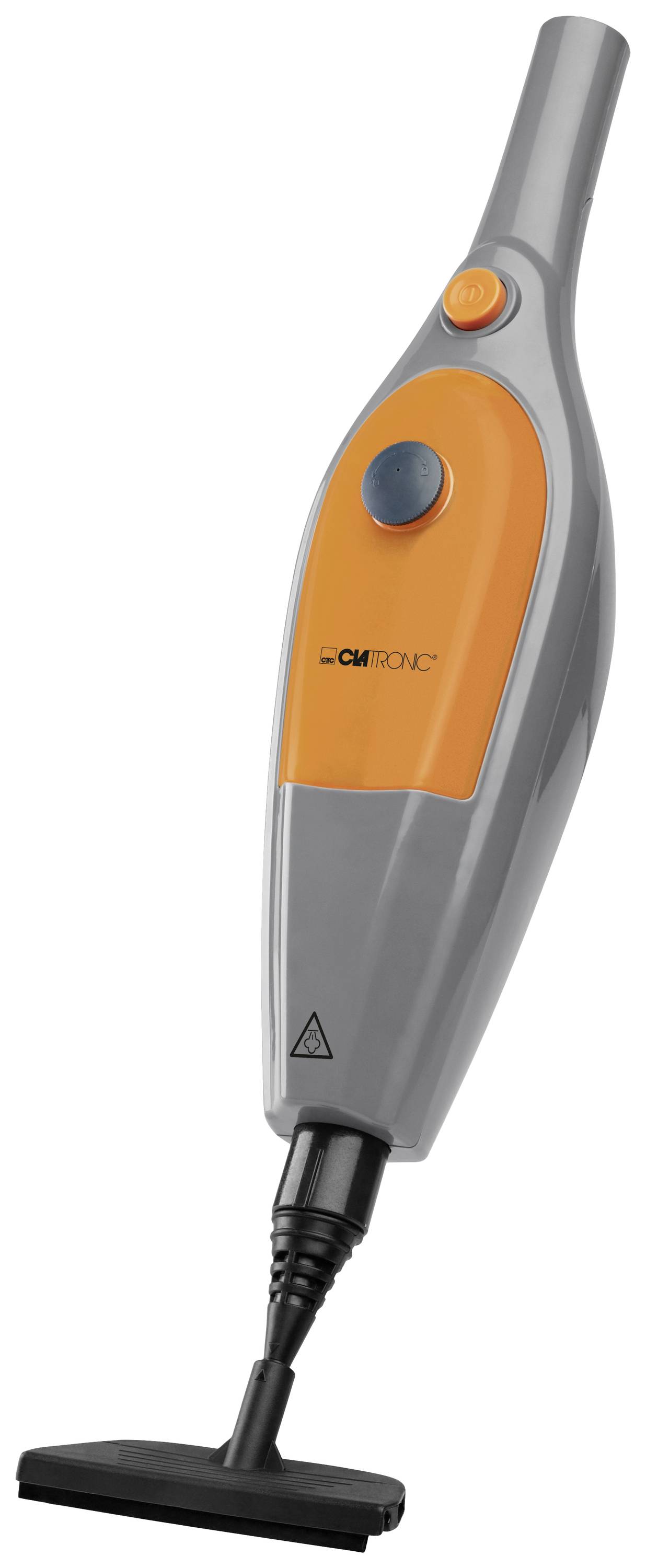 Een grijs-oranje stofzuiger met een smal ontwerp en een platte mondstuk, geschikt voor gebruik op verschillende vloeroppervlakken.