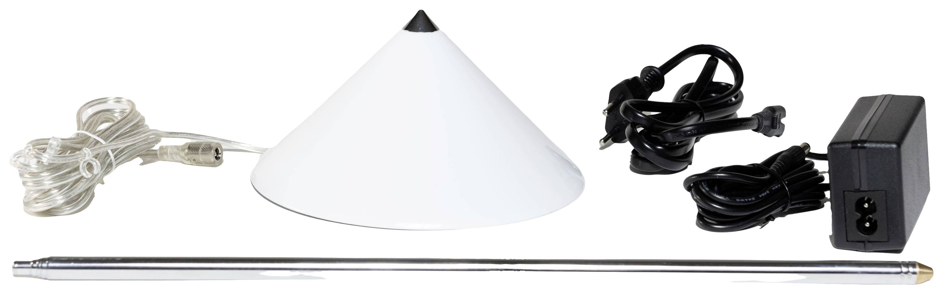 Een piramide-vormig verlichtingsapparaat met kabels en voedingsadapter, geschikt voor decoratie- of verlichtingsdoeleinden, op een witte achtergrond.