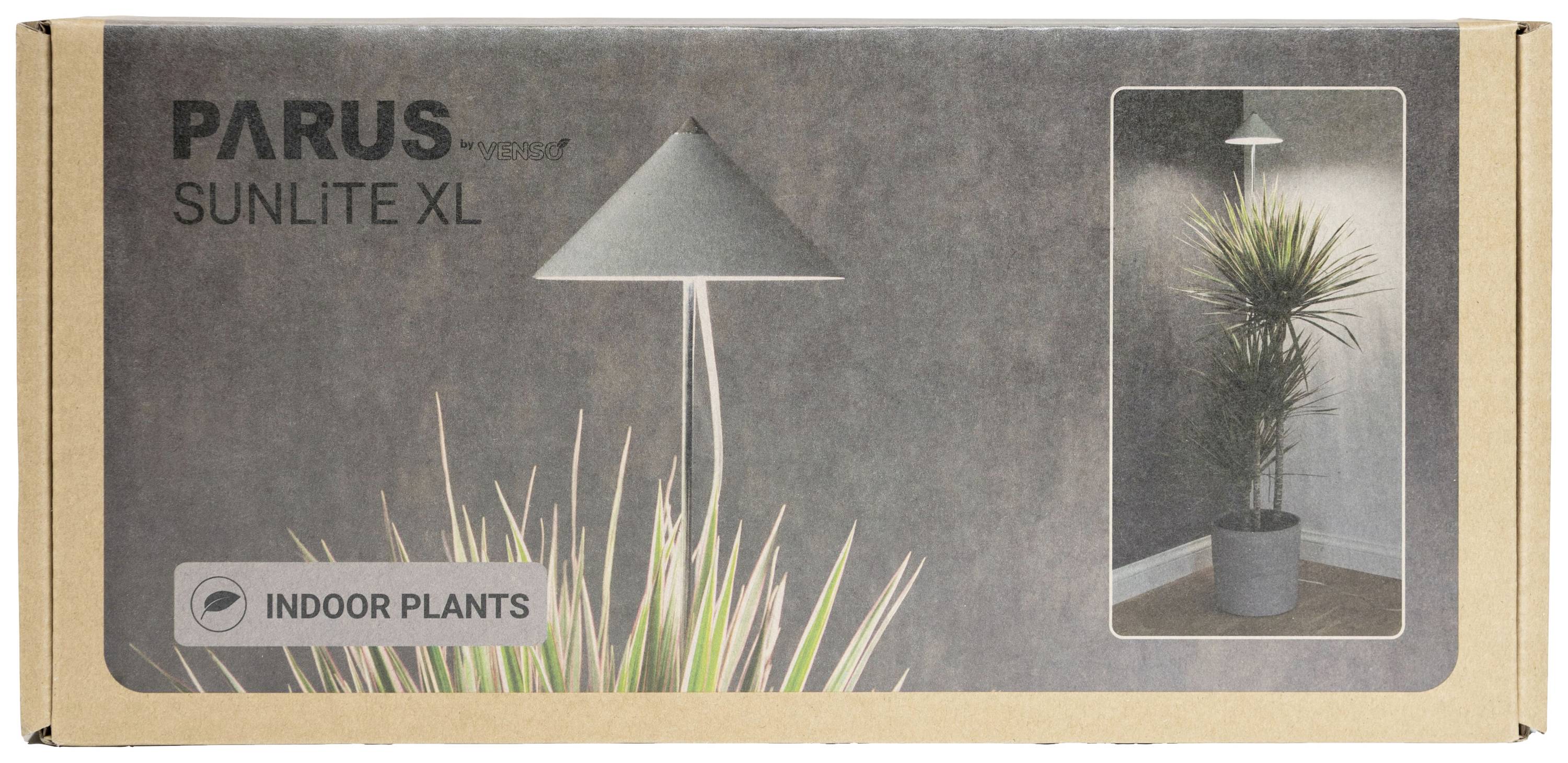 Kartonnen doos met het opschrift 'PARUS Sunlite XL'. Afbeelding van een moderne lampenkap boven een kamerplant. Gemarkeerd voor kamerplanten.