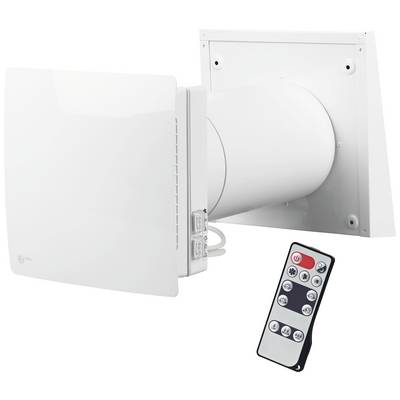 Ventilatietoestel met afstandsbediening. Het toestel heeft een wit, vierkant behuizing en is ontworpen voor wandmontage.