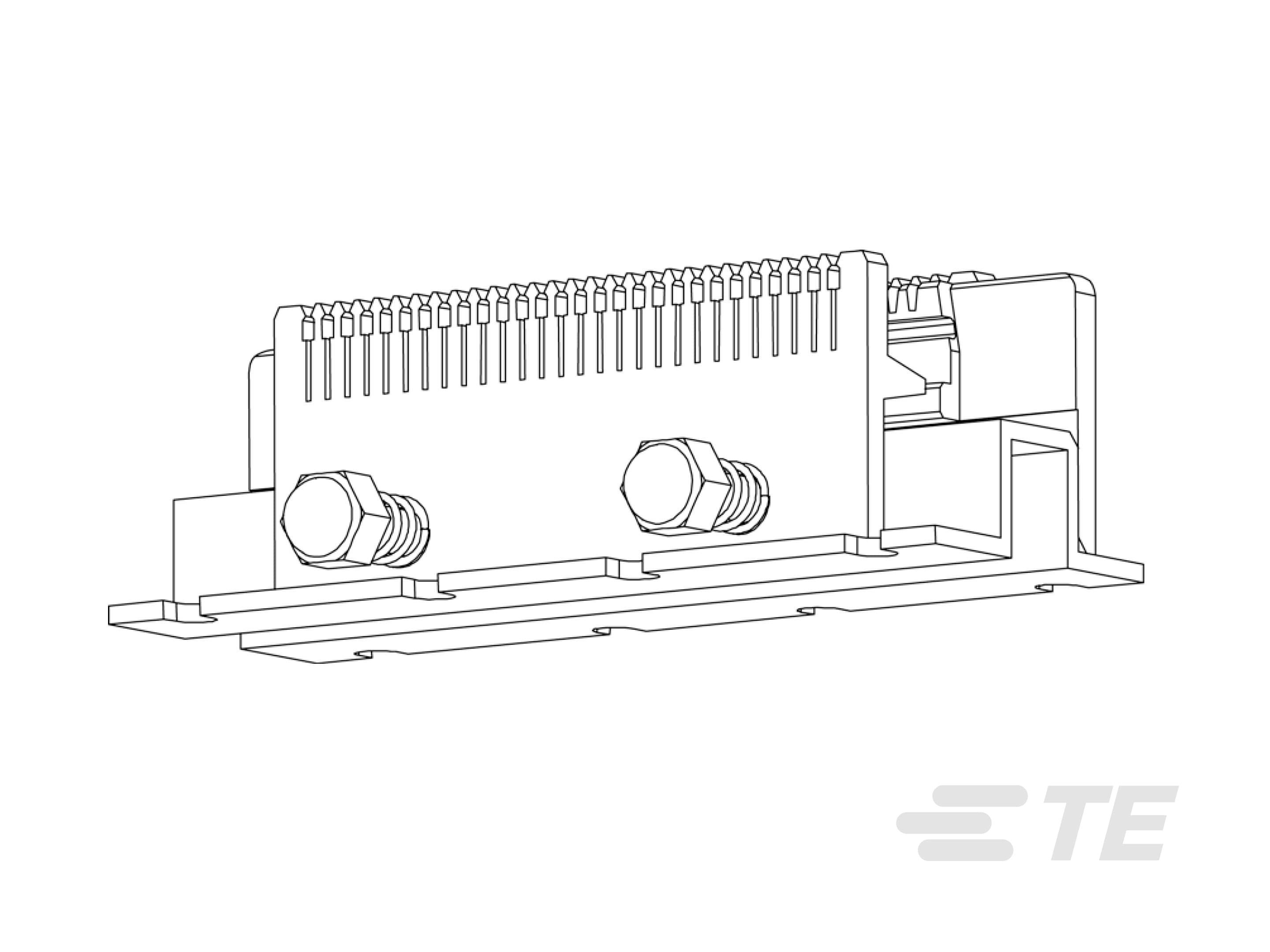 Lijntekening van een connector met schroefmontage en TE-logo rechtsonder.