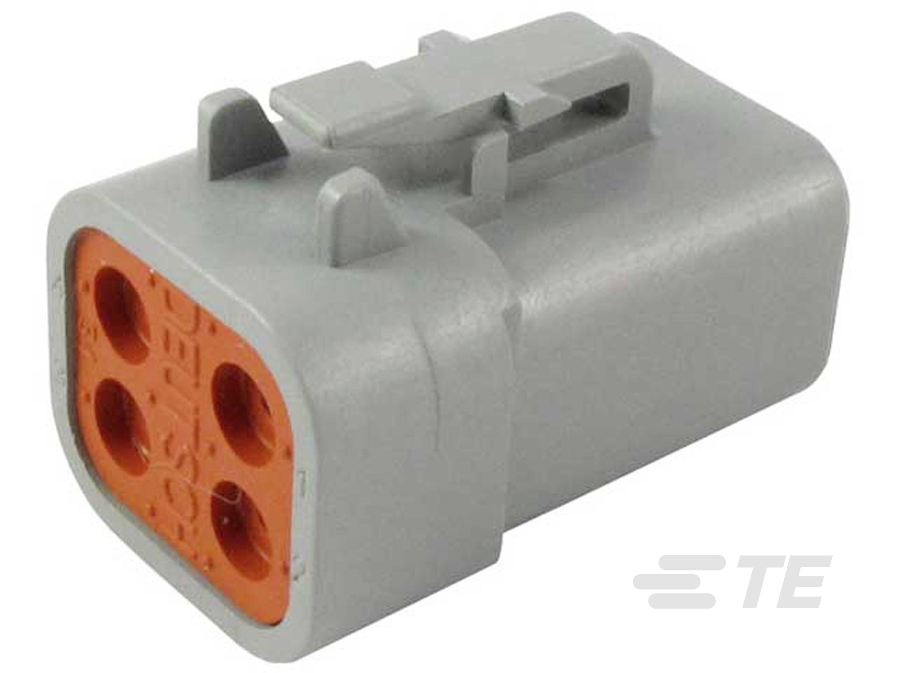 Grijze elektrische stekkerverbinding met oranje voorkant en vier ronde aansluitingen, bedrijfslogo rechts onderaan.