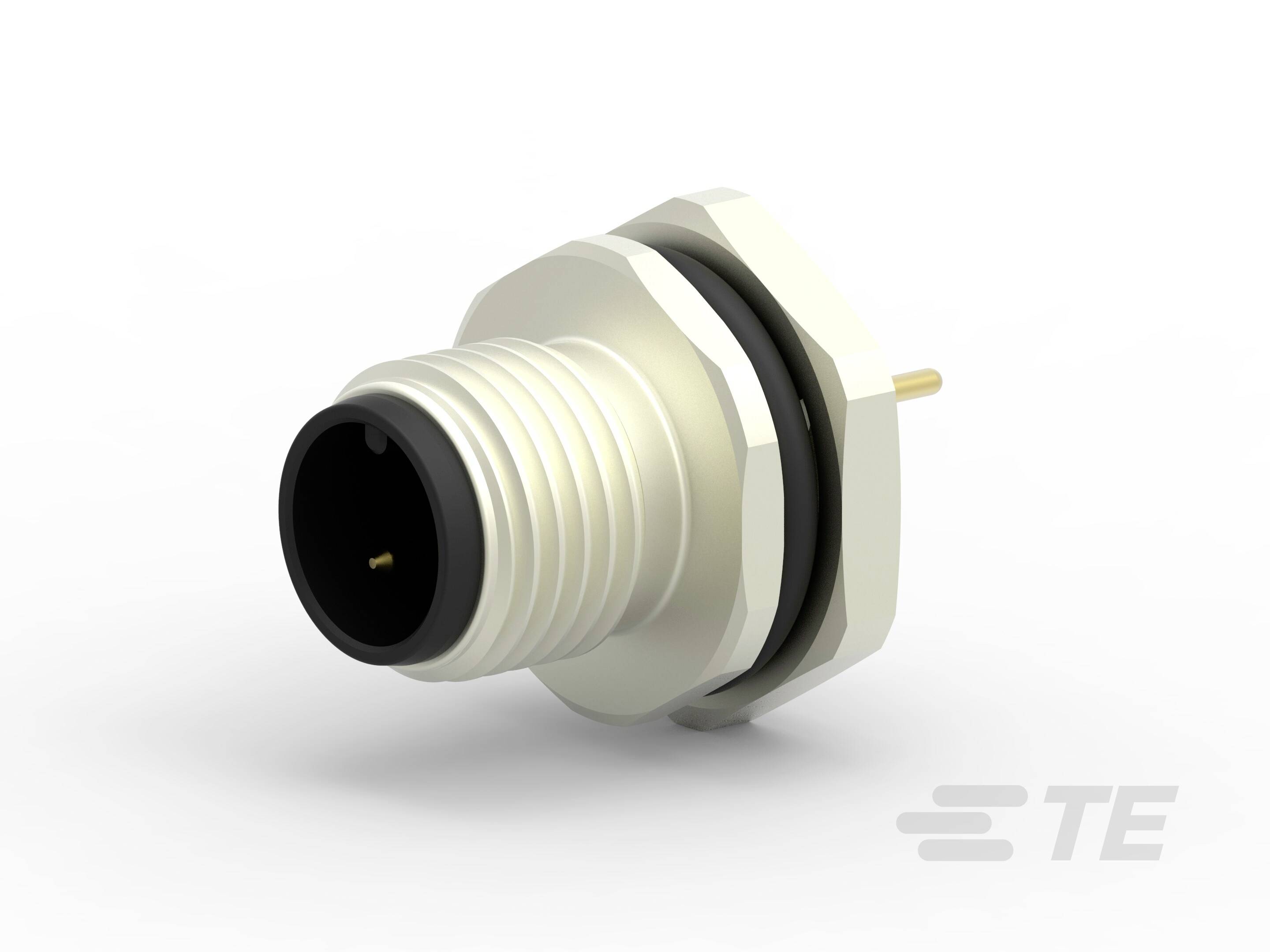 Metalen connector met ronde vorm en meerdere groeven, gemonteerd met een zwarte rubberring als afdichting.
