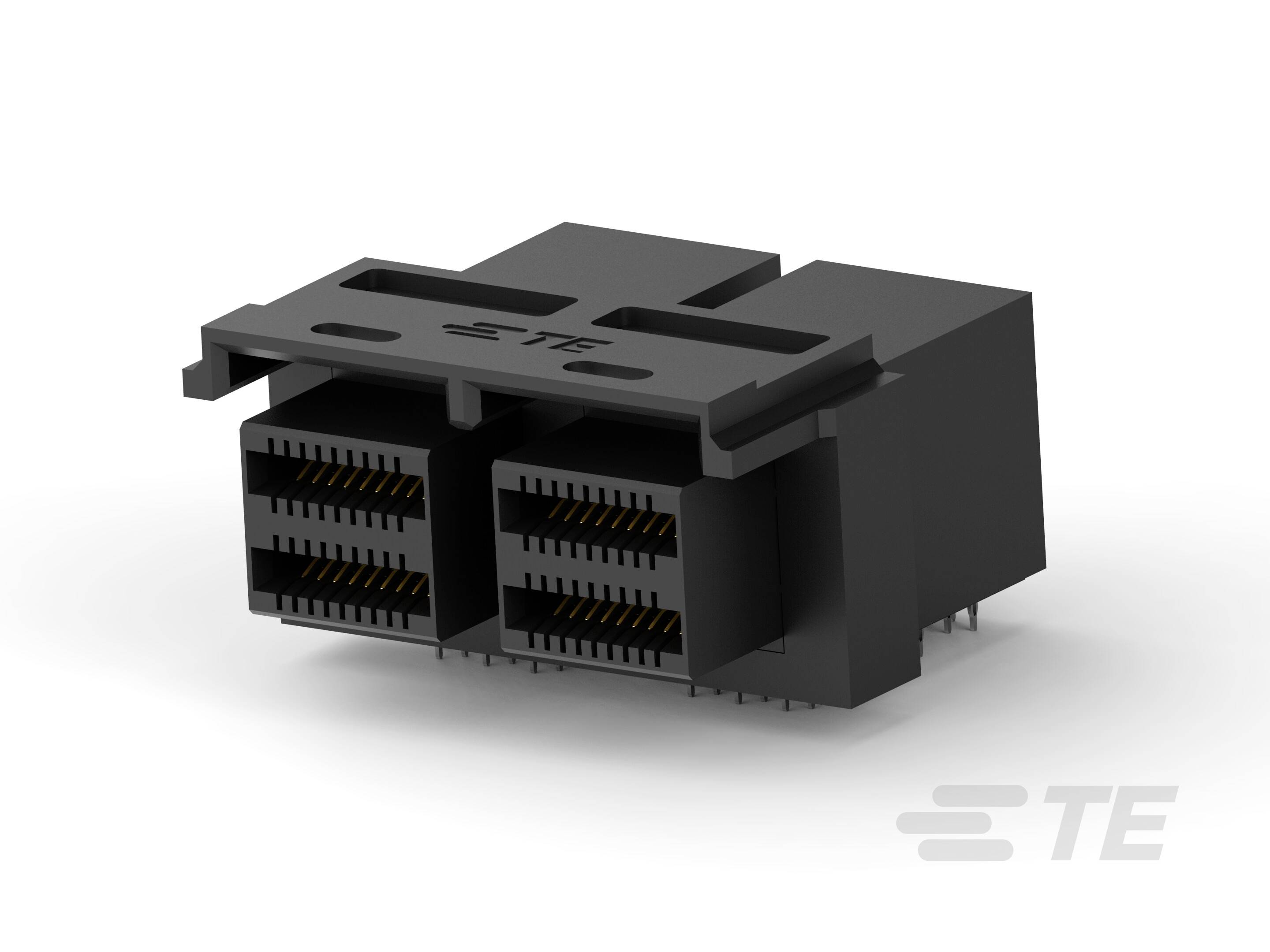 Dubbele zwarte elektronische connector met meerdere aansluitpunten, toont technische componenten voor verbindingen.