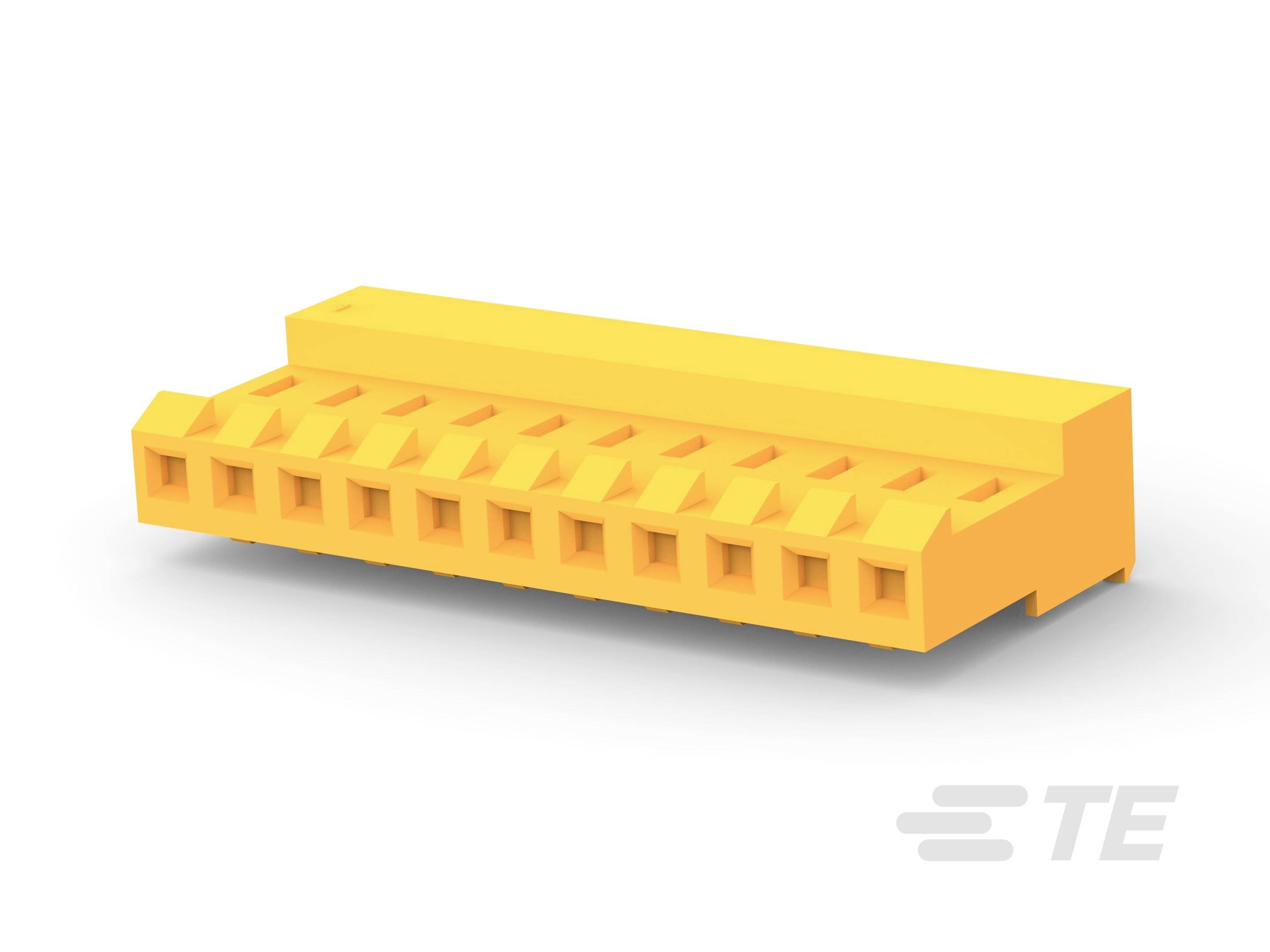 Gele elektrische connector met meerdere aansluitbussen, schuin rechts weergegeven, op witte achtergrond. Merklogo rechtsonder.