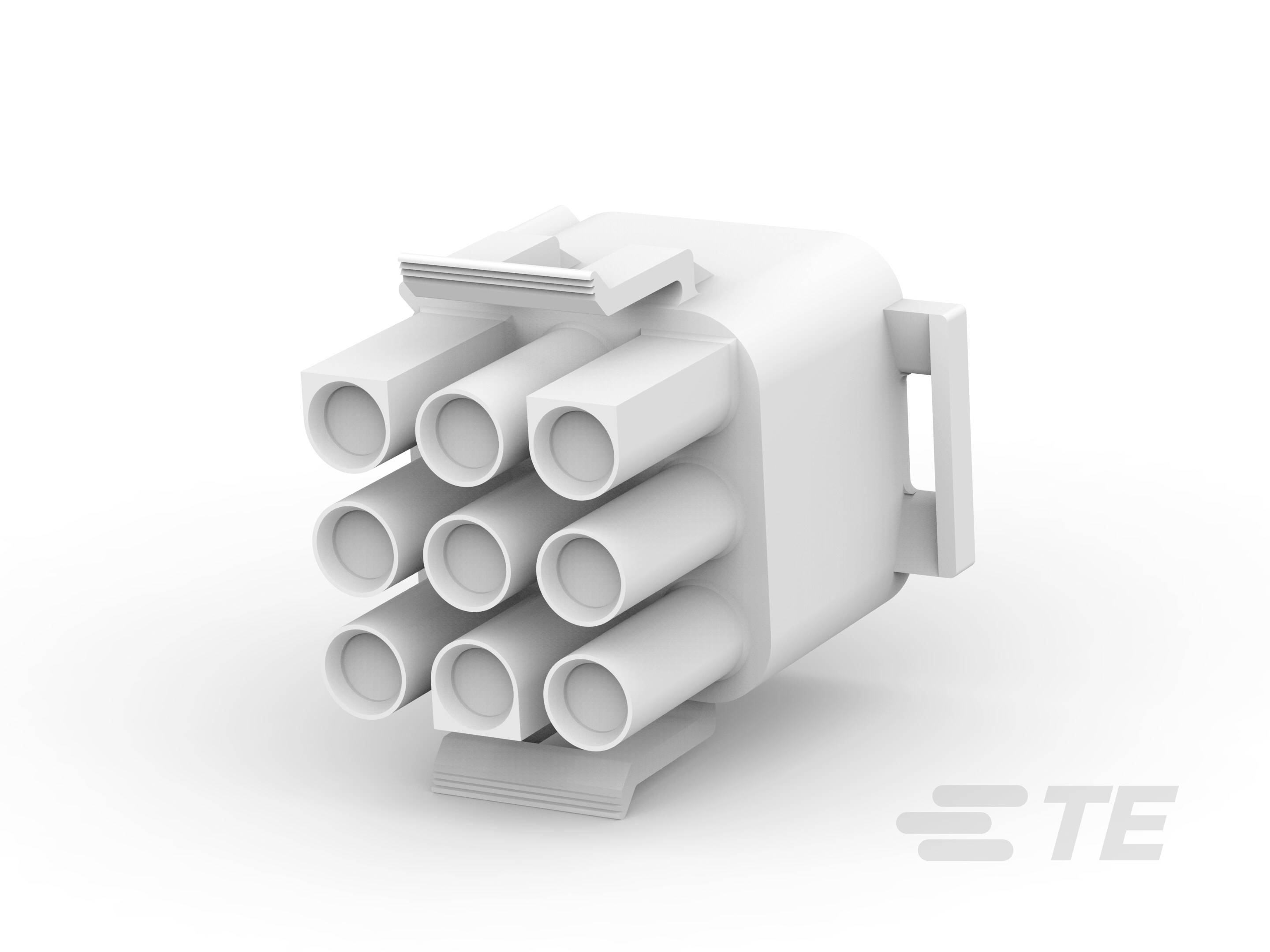 Een witte, cilindrische elektrische connector met negen aansluitpunten, gerangschikt in een vierkant patroon.