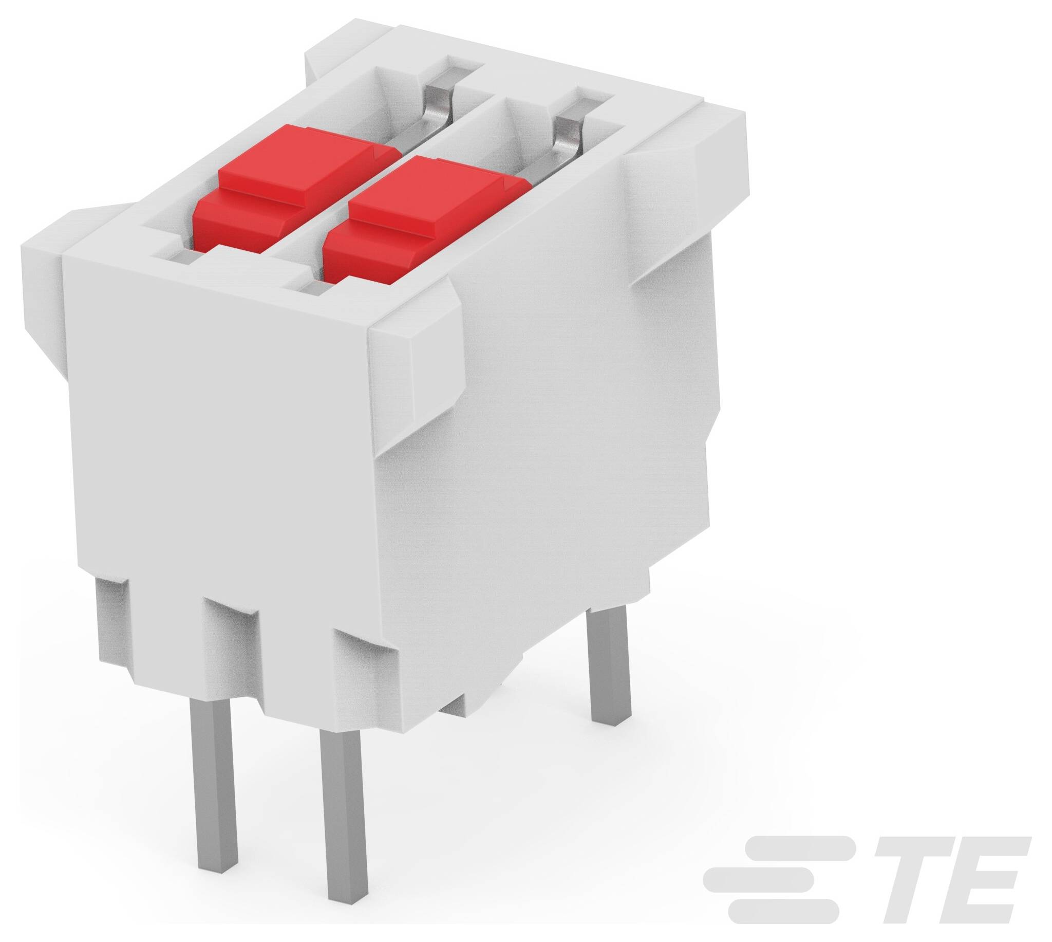 Een wit en rood elektronisch onderdeel met twee rode knoppen bovenop en vier metalen pinnen onderaan.
