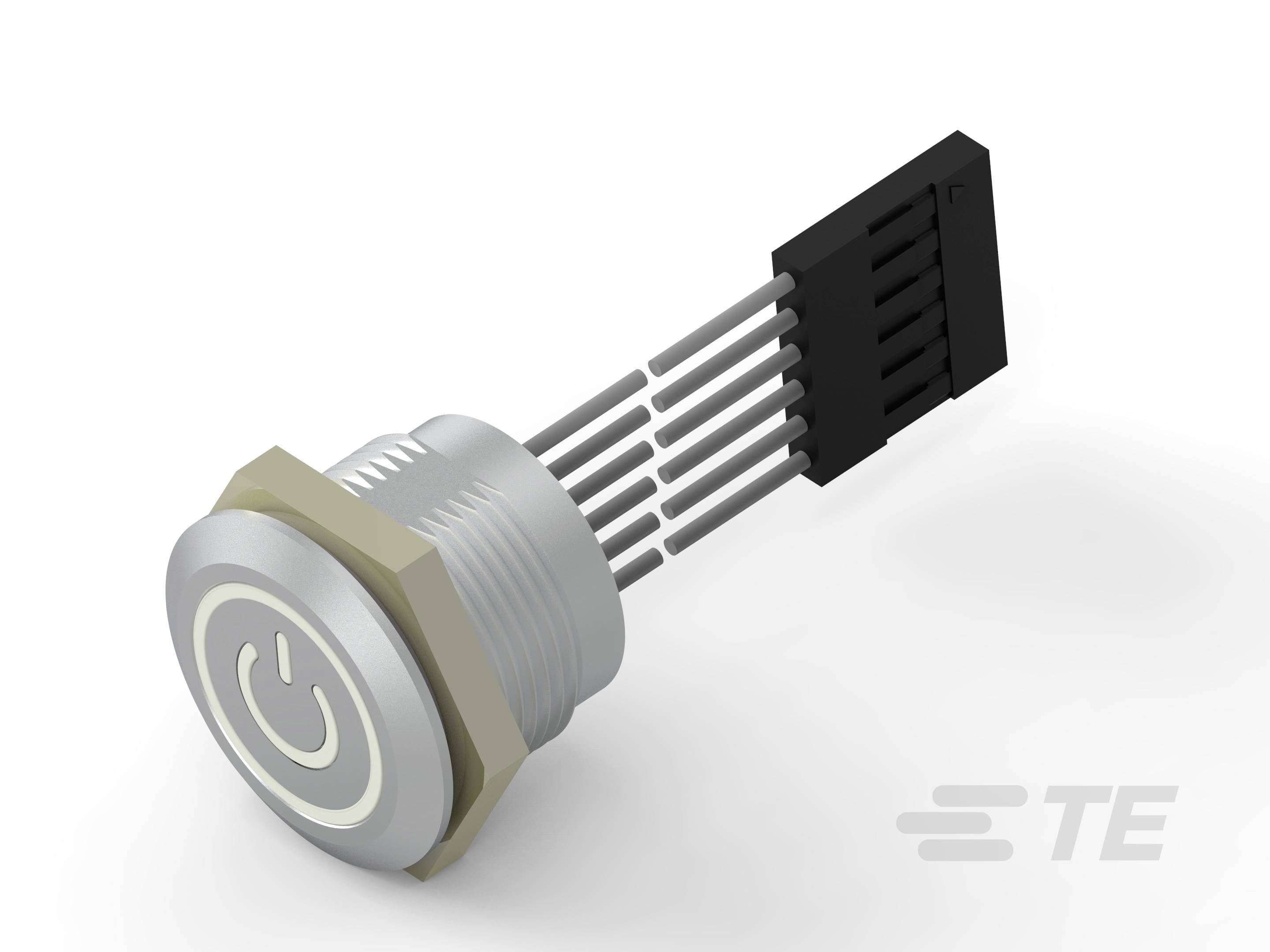 Runde metalen knop met een gegraveerd aan/uit-symbool, verbonden met meerdere draden en een zwarte stekker.