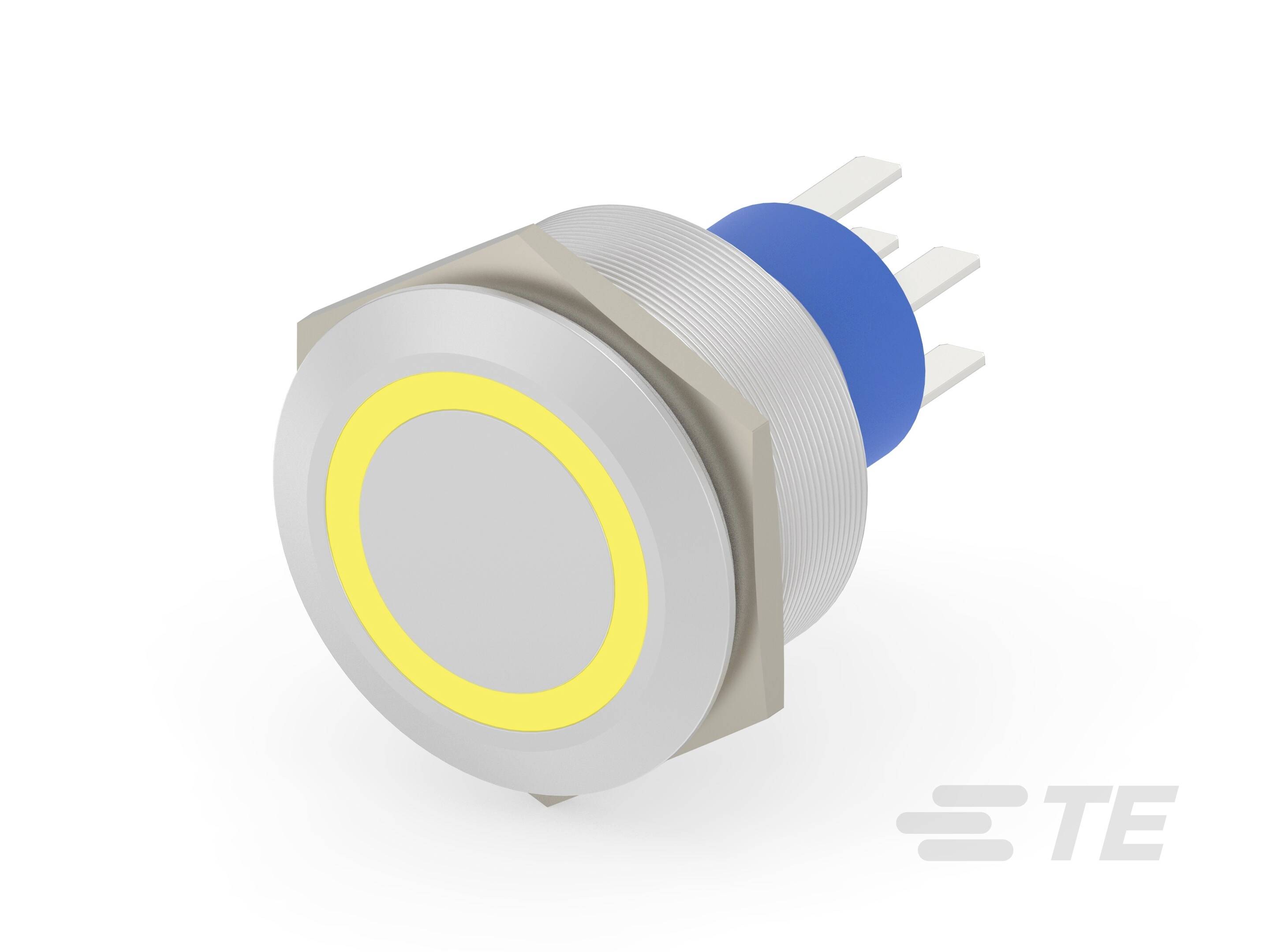 Een ronde metalen drukschakelaar met een gele ring, zijdelingse steekverbinding en een blauwe voet. Fabriekslogo in de hoek.