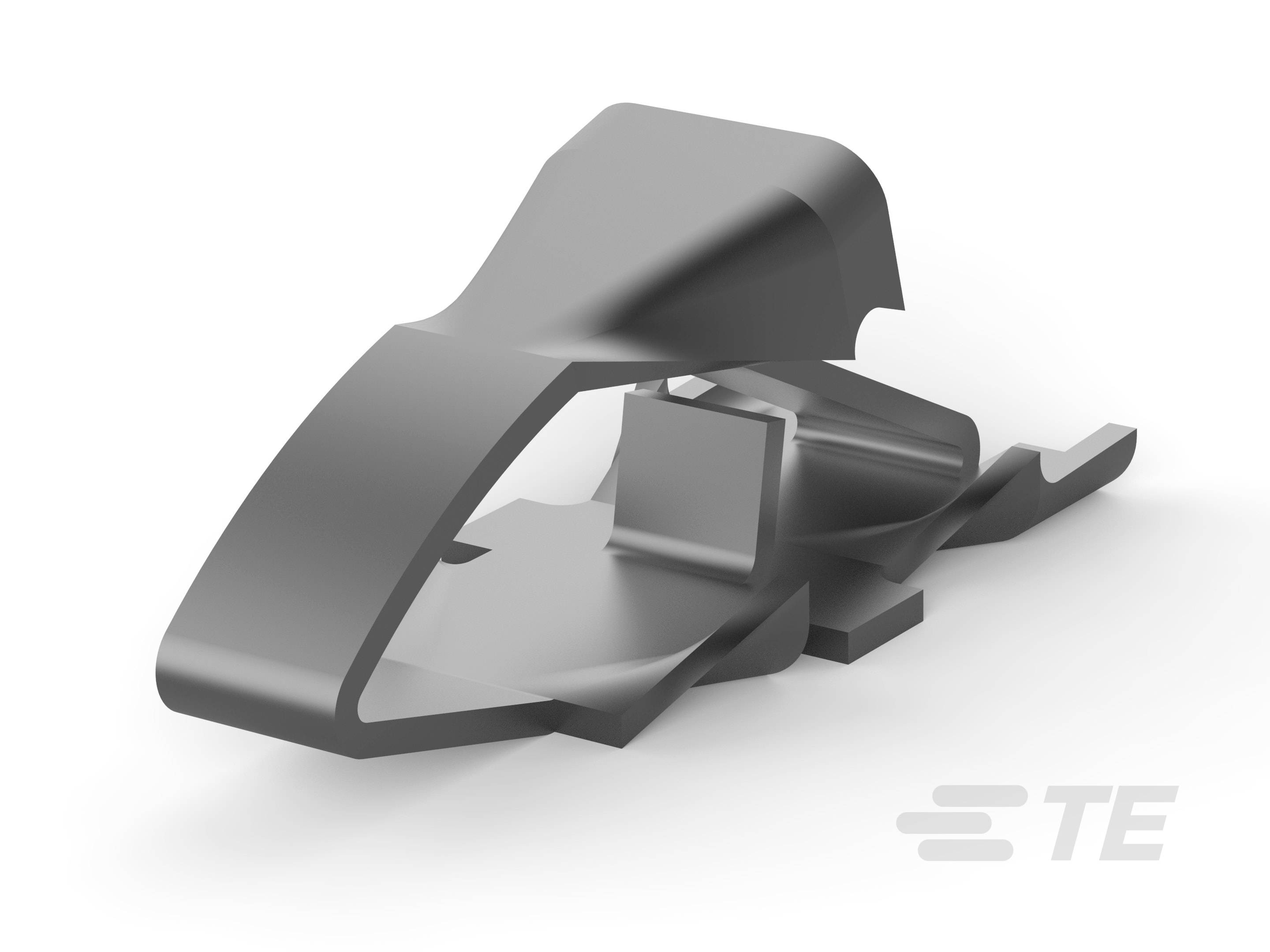 Metalen kabelverbinder in grijze kleur, met een gebogen, compact design en het logo 'TE' rechtsonder.