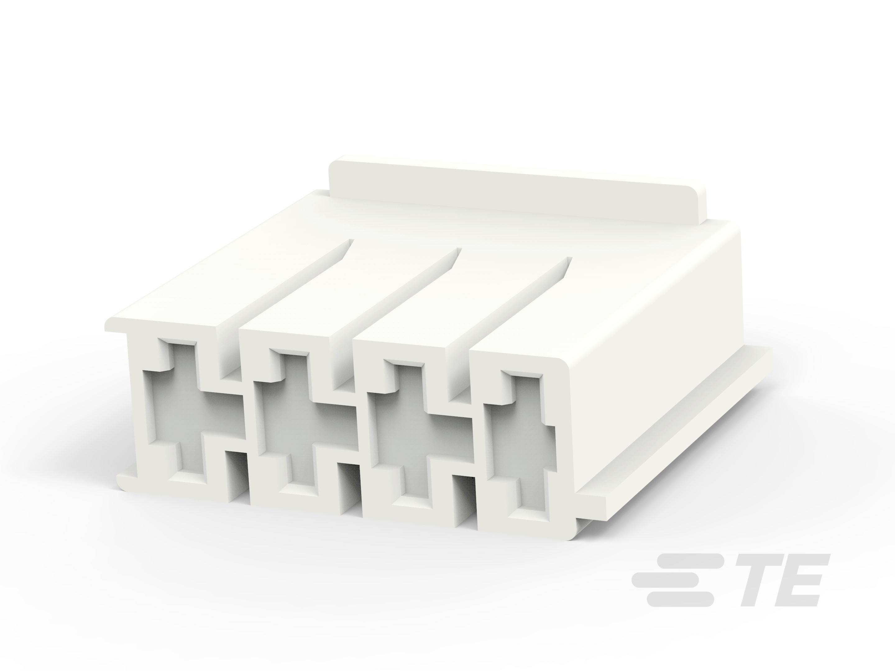Een wit stekkerhuis met vier rechthoekige aansluitingen, geschikt voor elektronische verbindingen.
