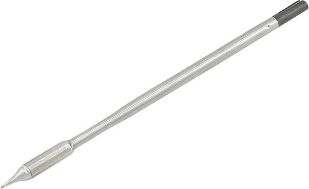 Metalen gereedschap, vergelijkbaar met een lange pen, met een verdikt midden en een donkere punt. Ligt schuin.