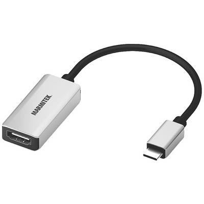 Een USB-C-naar-HDMI-adapter met een zilverkleurige behuizing, afgebeeld op een witte achtergrond. Ideaal voor het aansluiten van apparaten met een HDMI-poort.