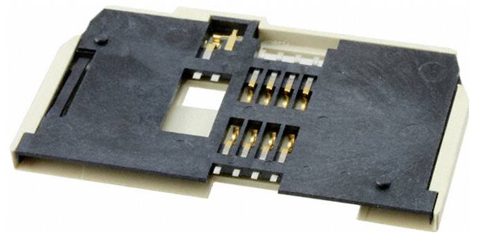 Close-up van een kleine zwarte kunststof elektronische connector of SIM-kaartlade met goudkleurige contactpennen op een beige basis.