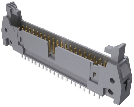Een grijze connector met meerdere goudkleurige pinnen en een rechthoekige behuizing.