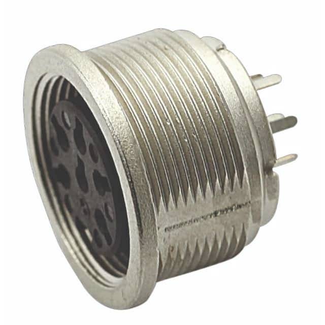 Een ronde, metalen stekker met meerdere pinnen en een gegroefde rand. Ideaal voor elektronische apparaten of machinebekabeling.