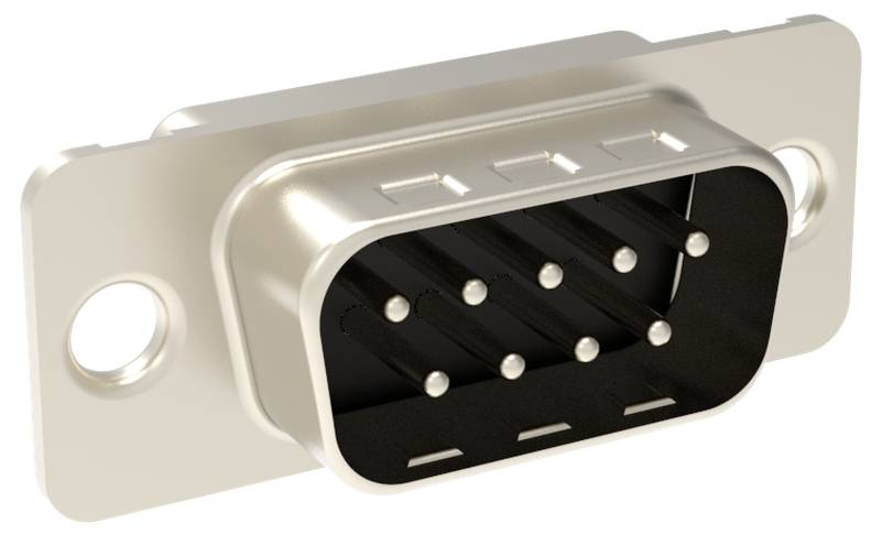 Een metalen D-sub-connector met negen pins, gebruikt voor seriële communicatie in computers en elektronische apparaten, afgebeeld met bevestigingsgaten.