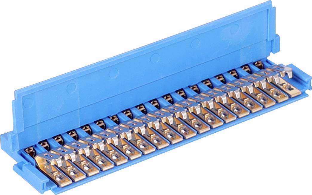 Een blauwe elektrische aansluitklem met meerdere schroefaansluitingen voor het verbinden en bevestigen van draden in elektrische systemen.