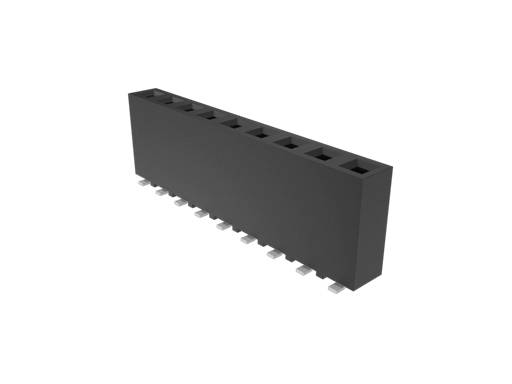 Een zwarte elektronische aansluitstrip met meerdere pinnen, die wordt gebruikt voor het verbinden van elektronische componenten op printplaten.