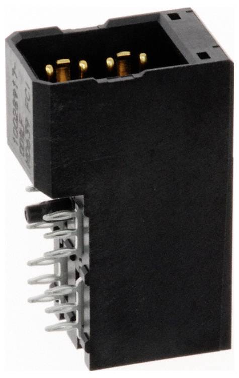 Close-up van een zwarte 8-pins elektronische connector met metalen pennen, gebruikt voor het integreren van schakelelementen op een printplaat.