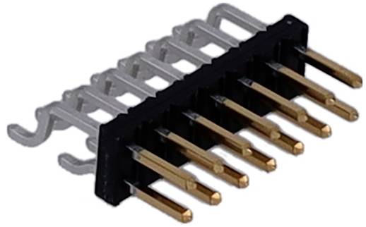 'Een 10-pins mannelijke headerconnector met goud geplateerde pinnen en een zwarte kunststof behuizing, gebruikt voor elektrische aansluitingen op printplaten.'
