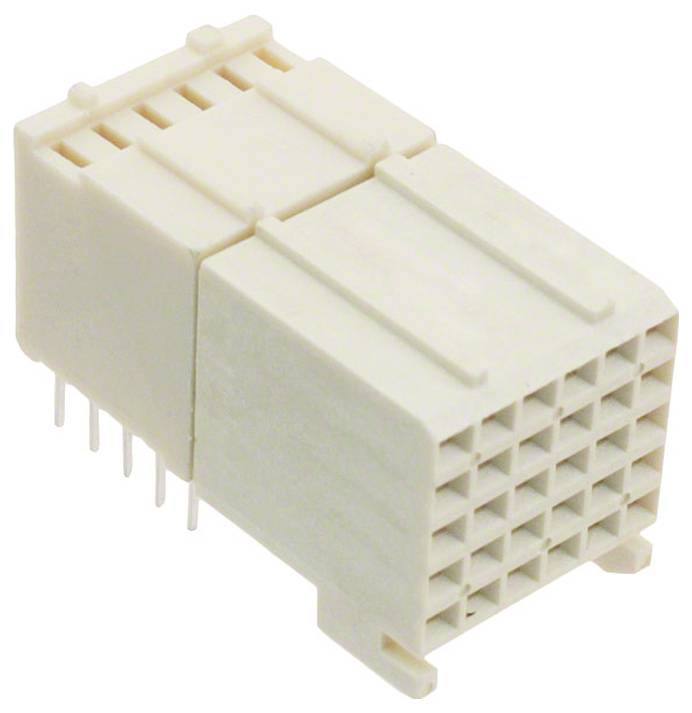 Een schuine weergave van een witte elektrische connector met meerdere pinsleuven, gebruikt voor elektronische apparaten.
