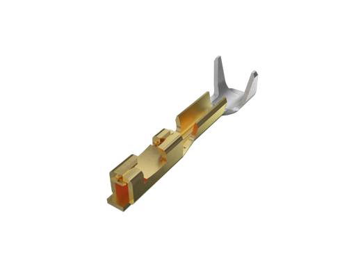 Metalen contactstekker met goud- en zilverlaag, toont een U-vormig uiteinde voor elektrische verbindingen.